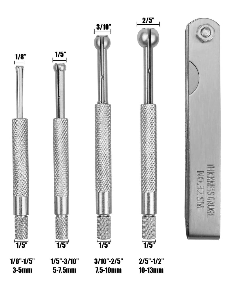 4 PCS Small Hole Gauge Set Ball Type, Full Round Telescoping Gauge Set with 32 Blades Steel Feeler Gauge for Measuring Gap Width or Thickness, 1/8"-1/2" Range