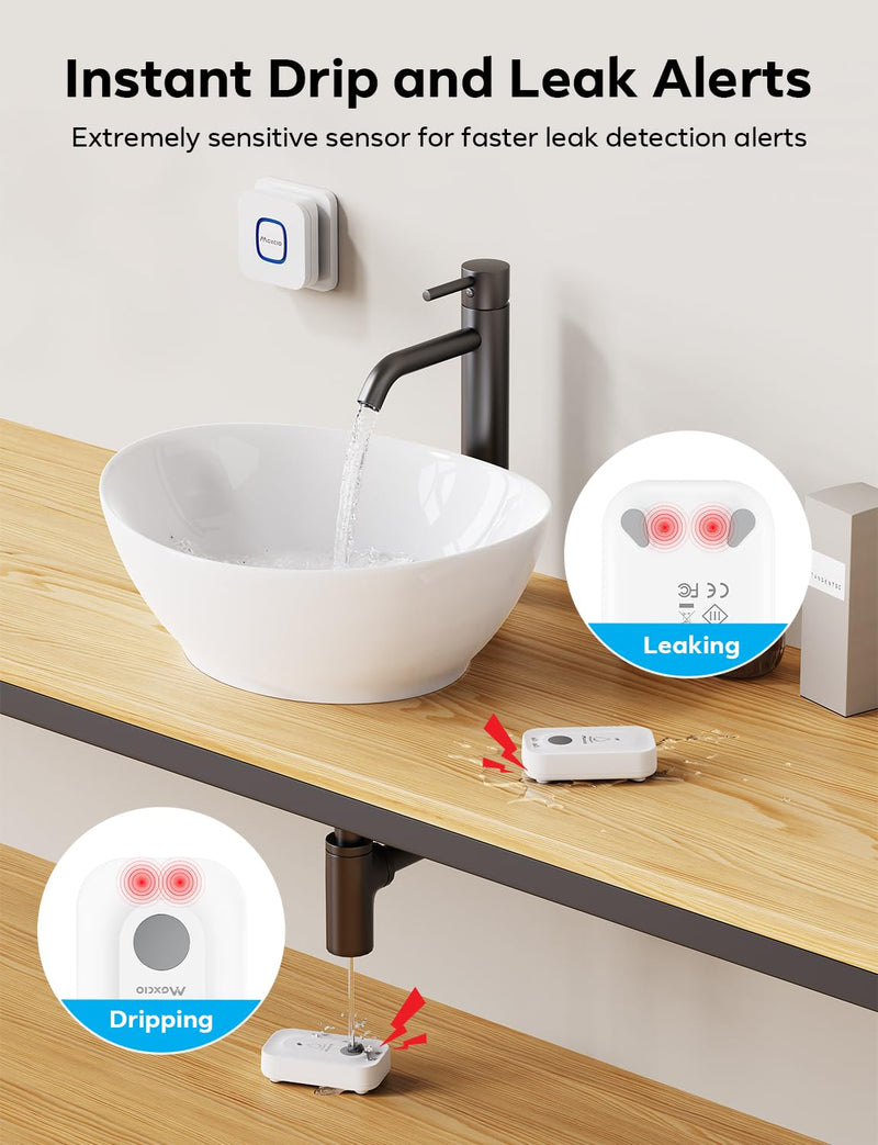 MAXCIO Wi-Fi Water Leak Detector 4 Pack, Smart Water Sensor with 110dB Adjustable Alarm, APP, SMS, Phone Notifications, 1640ft Transmission Range, Suitable for Basement, Bathroom, and Kitchen 4 sensor + Gateway