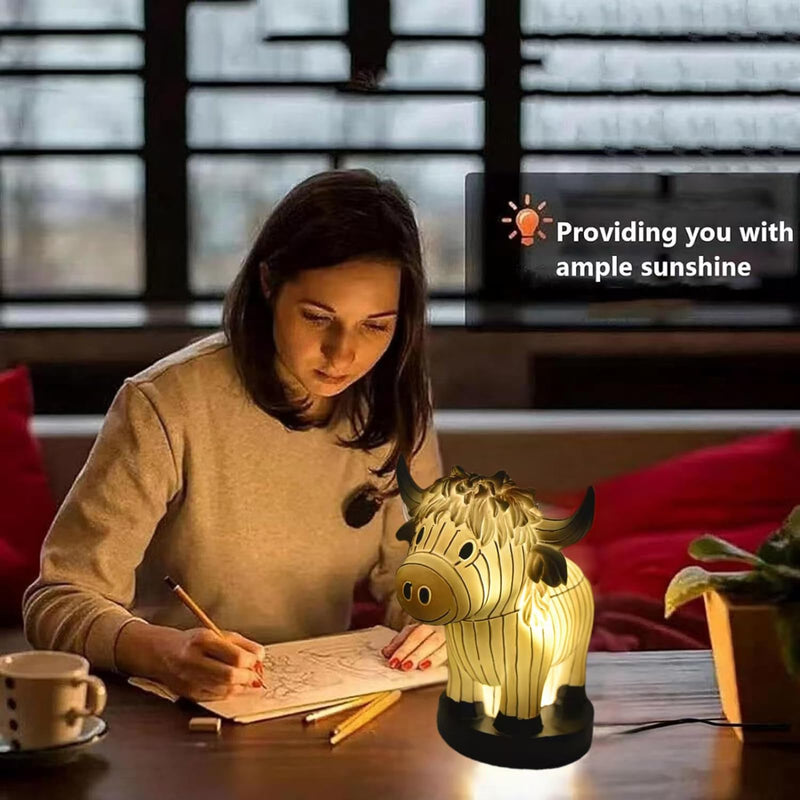 Cow Yak Table Lamp,Small Animal Night Light,Highland Cow Table Lamp with USB,Portable Table Lamp Painted Cow Decorations for Living Room Bedroom, Bedside Lamp Gift for Girls Mom（Highland Cow） B
