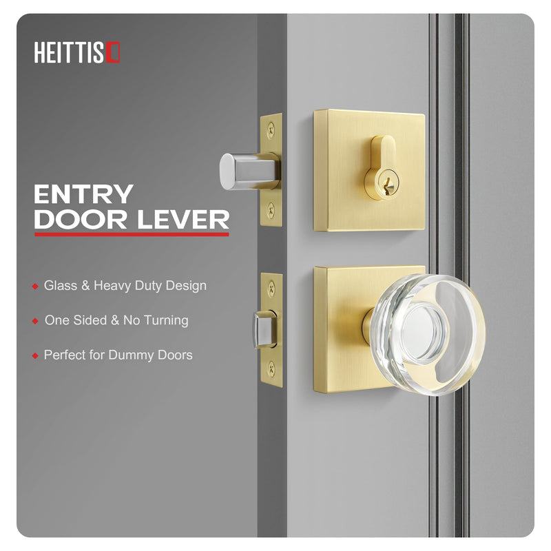 1 Pack Brass Combo Sets,Gold Crystal Door Knobs Interior,Modern Glass Door Knob with Single Cylinder Deadbolt,Satin Brass Finished 1 Pack Gold