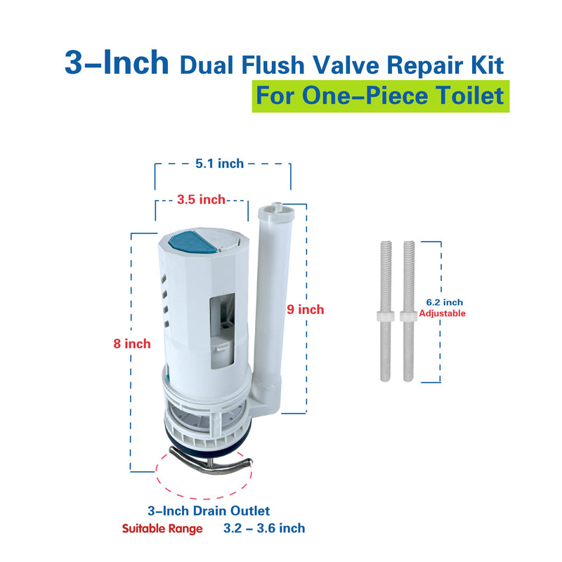 3-Inch Top Dual Flush Valve for One-Piece Toilets, Includes 3-Inch Flush Valve and Rod, Ideal Push Button Toilet Flush kit for Straightforward Installation 3-Inch Diameter Drain Hole