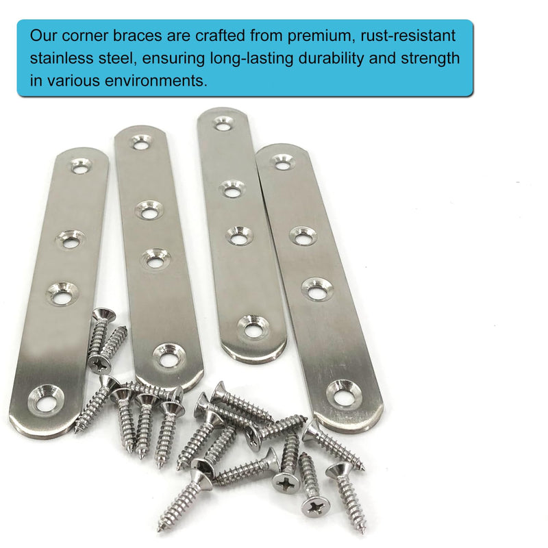 4 Pack Flat Straight Bracket Mending Plate for Wood Stainless Steel Straight Brackets 125mm / 4.9" Wood Brace with Screws Silver, 4.9 Inch