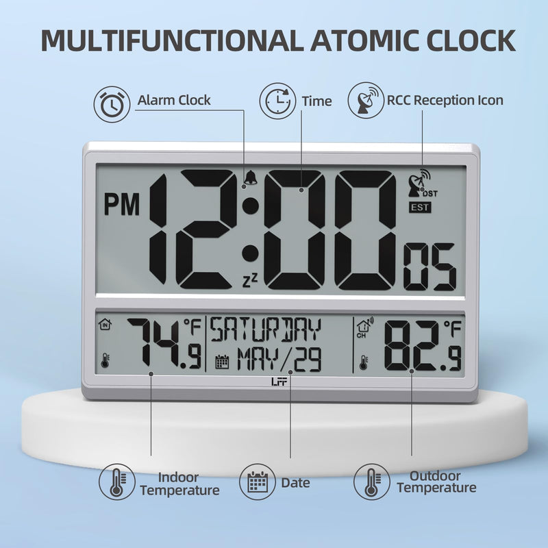 LFF Atomic Clock 4.5" Numbers, Atomic Wall Clock with Indoor & Outdoor Temperature，Never Needs Setting, Battery Operated, Date, Time, Wireless Outdoor Sensor, Jumbo Display Easy to Read Silver
