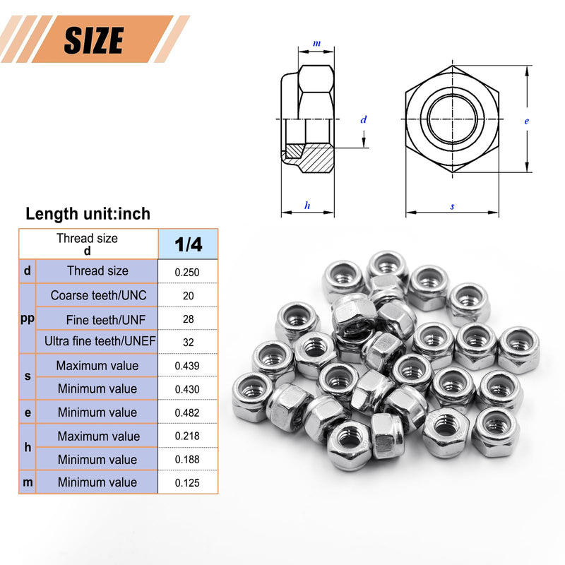 1/4"-20 Stainless Steel Lock Nuts, 28 Pack A2-70 Nylon Insert Hex Locknuts, Self-Locking 304 Stainless Steel Coarse Thread, Bright Finish