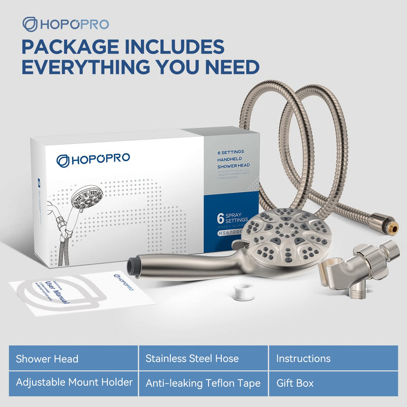 6-Mode High Pressure Handheld Shower Head Set, Consumer Reports Recommended HOPOPRO High Flow Hand Held Showerhead with 59 Inch Hose Bracket Teflon Tape Rubber Washers 6 Modes Brushed Nickel