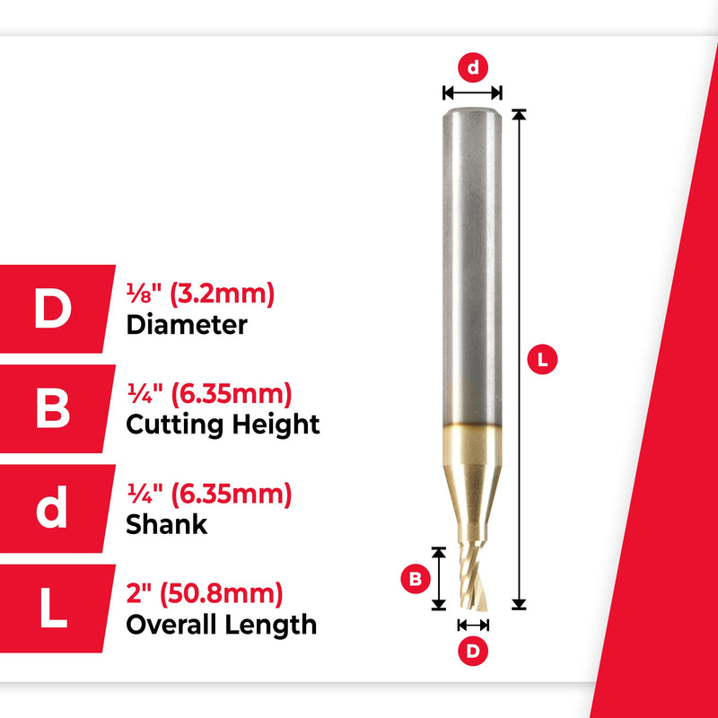 Amana Tool CNC Solid Carbide Spiral O Flute Up-Cut, Aluminum Cutting Router Bit, ZrN Coated, 57341-Z, 1/8 D x 1/4 CH x 1/4 SHK x 2 Inch Long