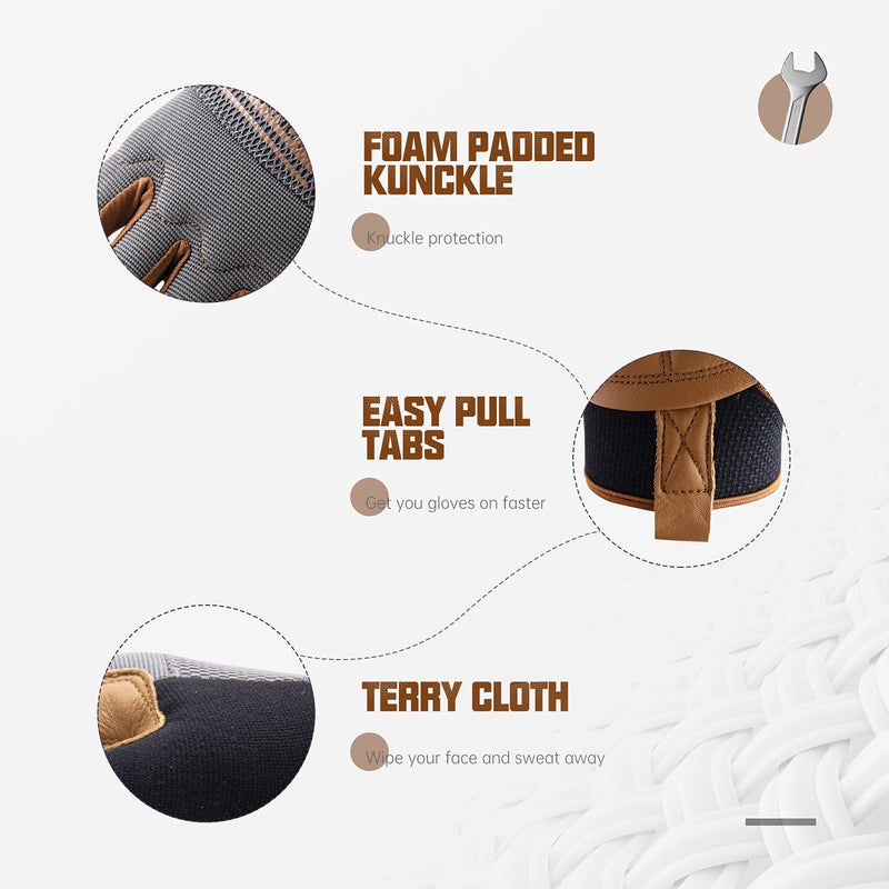 HANDLANDY Leather Work Gloves Mens & Women, Utility Safety Mechanic Working Gloves Touch Screen, Flexible Breathable Yard Work Gloves (Large, Brown-Cowhide Palm, Pack of 3) Large (Pack of 3)