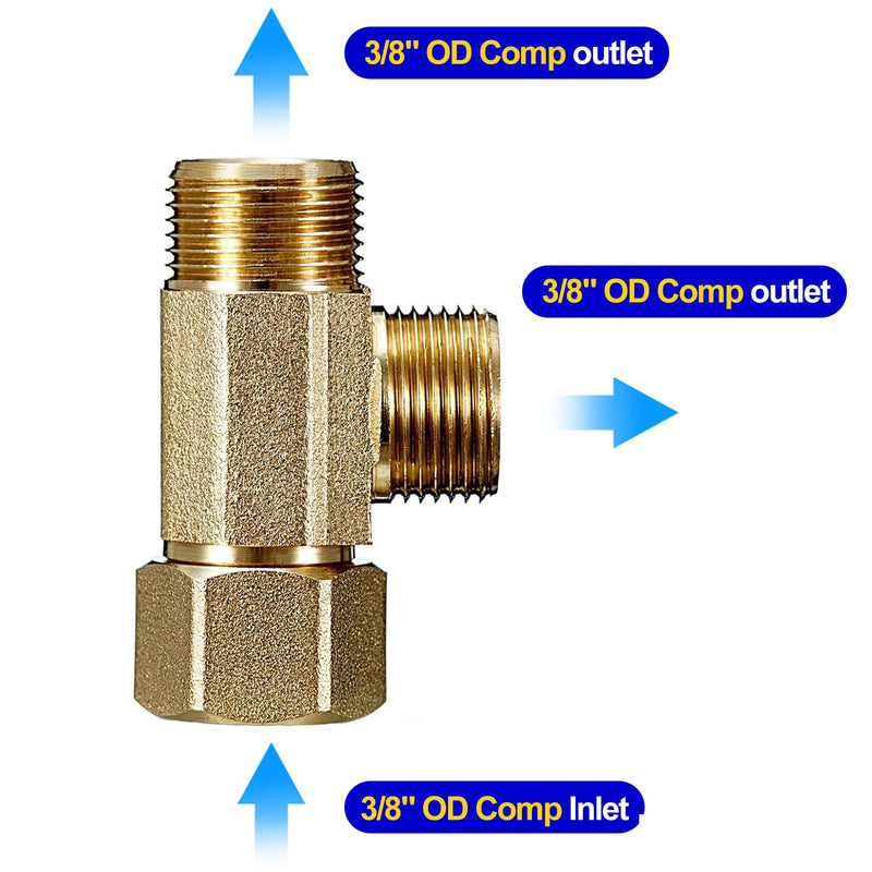 Add-A-Tee,Lead-Free Angle Stop Valve Tee 3/8" Compression Inlet x 3/8" Outlet x 3/8" Outlet，Brass Extender Tee Connector with Built-in Sealing Gasket for Faucet,Glass Rinser,Dishwasher,Toilet Tank 3/8 Comp-3/8 Comp-3/8 Comp Tee(1Pcs)