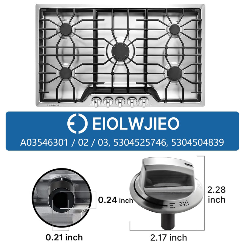 Upgraded A03546301/02/03 5304525746 5304504839 Gas Cooktop Knobs for Frigidaire Stove, Laser Engraving Sign Knob for Frigidaire Cooktop FFGC3026SS FFGC3626SS (Long Stem, Size:2.24IN, Material:ABS749) 5 Pack