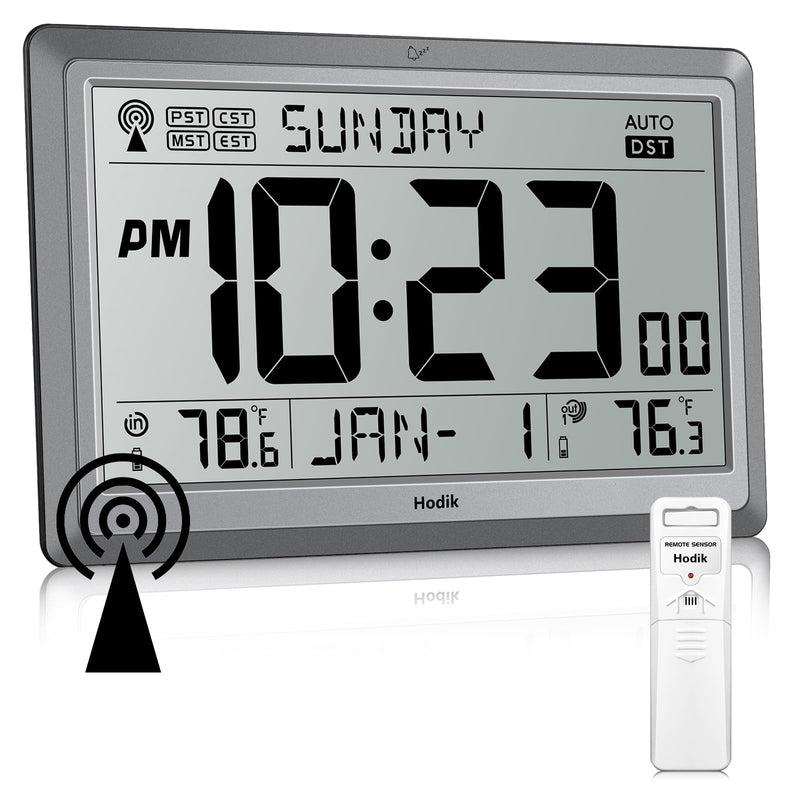 Wall Clock Atomic with Indoor Outdoor Temperature Battery Powered, Easy Reading with 10.5 Inch Large LCD Display, 330FT Range Table Wall Clock With DST, 12/24 Hour for Living Room Kitchen (Silver) Silver