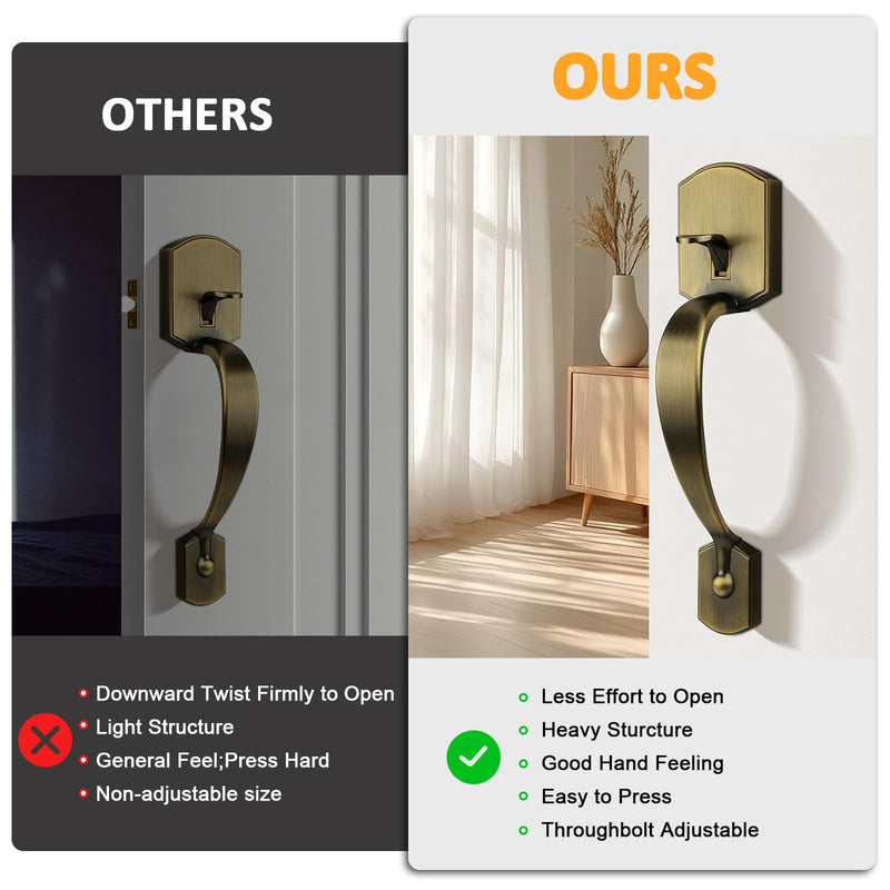 Probrico Antique Brass Lower Half Front Entry Handleset, Heavy Duty Entry Door Handle with Interior Reversible Handed Lever, Lock Grip Handle with Wave Lever Keyless Door Locks, 1Pack 1