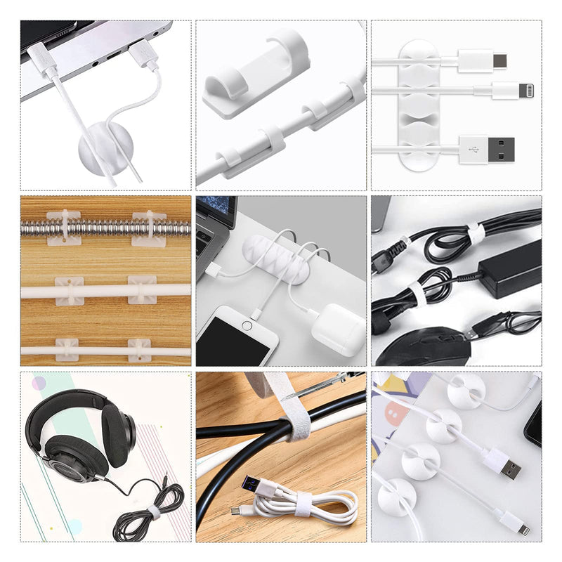 White Cable Management Organizer Kit, 2 Wire Sleeve Protector, 41 Self Adhesive Cable Clips Holder, 10pcs+2 Roll Reusable Cable Ties and 100 Cable Zip Ties for TV Computer Cord Tidy Under Desk White