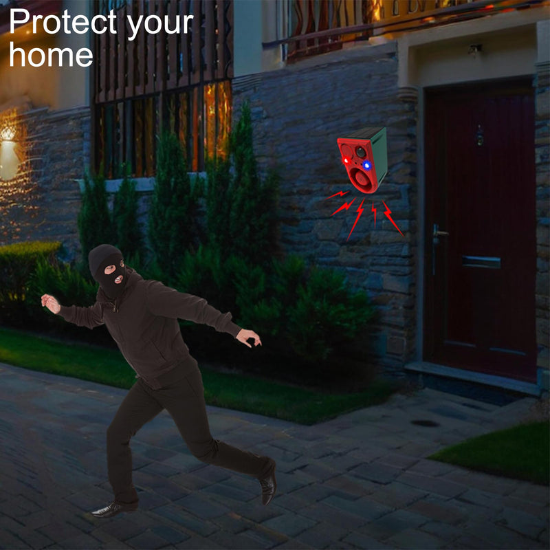 Solar Outdoor Motion Sensor Alarm-Dog Barking&Gunshot Sound, 130db Motion Detector Alarm Light,with Remote Controller,13 Kinds of Sound Red&Blue Strobe Light with USB (± Volume /130dB 1PCS) 911J 1 Pack