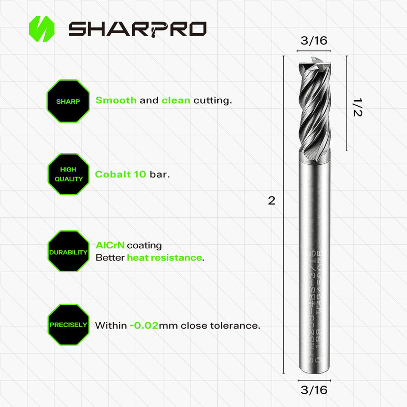 SHAPPRO 3/16 Inch Shank Carbide Square End Mill, 4 Flute CNC Milling Bits, Heat-Resistant Metal Cutting Bits Suitable Alloy Steel, Stainless Steel, Various Cast Iron（5PCS） 3/16 in 5