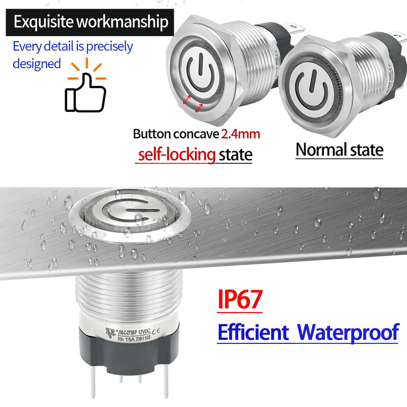 15Amp 12V-24V DC 16mm Latching Push Button Switch IP67 Waterproof SPST with LED Angel Eye Light Stainless Steel 304 On and Off with Wire Socket Pc Power Button Self-Locking 5/8" Latching, 12V-24V Blue
