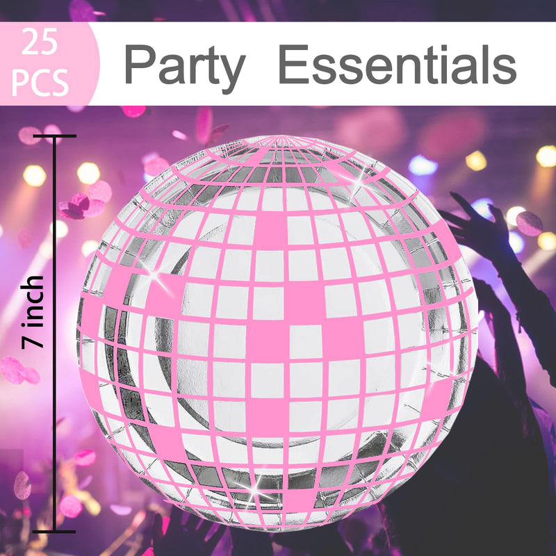 25P Disco Plates 7" Disposable Disco Ball Paper Plates for 70's Disc Party Supplies Birthday Wedding Party Decorations (Pink, 7IN25P) Pink
