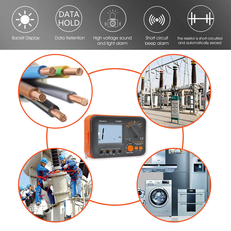 Megohmmeter Insulation Resistance Tester, 1999 Counts Megaohm Meter 200MΩ~2K Megohm Megger with DC250/500/1000V AC750V Testing Voltage, Digital Multimeter Measure with Data Hold Backlit RQ-US-T6-VC60B