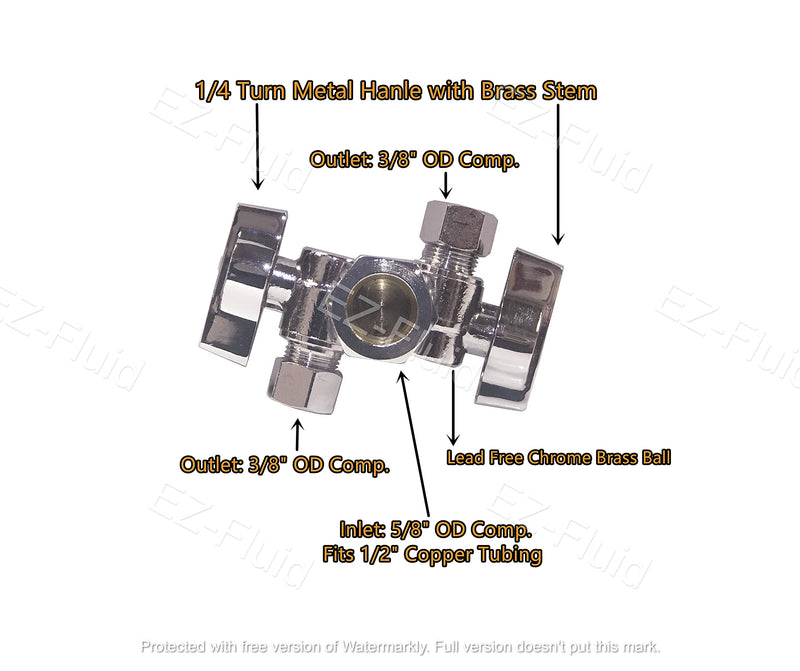 EZ-Fluid 5/8" Comp O.D X 3/8" Comp X 3/8" Comp 1/4 Turn Double Metal Two Handles Chrome Brass Angle Stop Valve Water Shut Off Ball Valve For Water Pipes LF,Faucet Toilet Valve,Dishwasher,Filter(1)