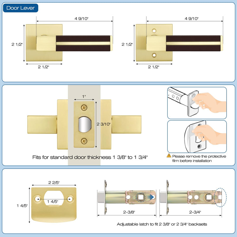 EHOMEWARE 1 Pack Gold Door Lever with Bronze Leather Handle, Brass Interior Door Handle Passage Door Lever for Hallway Closet, Heavy Duty Door Knob with Universal Handling Passage Door Handle - No Key