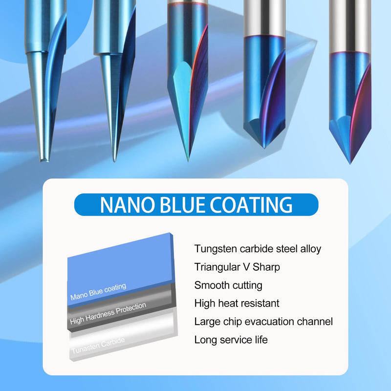 5PCS CNC Wood Carving Router Bits Set 1/4'' Shank, 15°Detail Carving Liner+ 20° Profile bit+30°+60°+ 90°V Groove Router Bit Set with Nano Blue Coating CNC Milling Cutter Engraving Router
