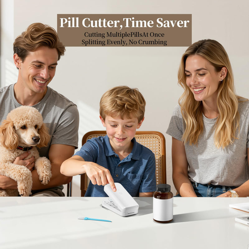 Daviky Pill Cutter Splitter for Small & Tiny Pills, Dual Safety Blades, Adjustable Centering Slot, Precise 1/2 1/3 1/4 Tablet Cutter, Built-in Storage, Portable & Senior-Friendly White