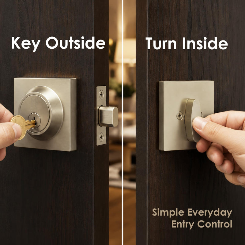 Mega Handles Schein Deadbolt Lock - Heavy Duty Square Locking Deadbolt for Left Or Right-Handed Doors, Brushed Nickel Deadbolt for Interior/Exterior, Screws Included - Satin Nickel 1