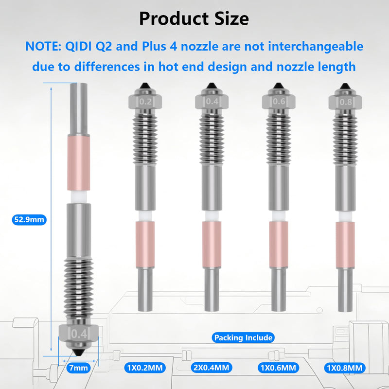 5PCS Bimetal Nozzle for QIDI Q2/Q2C, Quick-Swap Integrated Ceramic Throat Tube Hardened Steel Nozzle All-Metal HighTemperature Resistant Hotend 0.2/0.4/0.6/0.8mm Nozzles for QIDI Q2 3D Printer 5PCS Muilt Size Nozzle