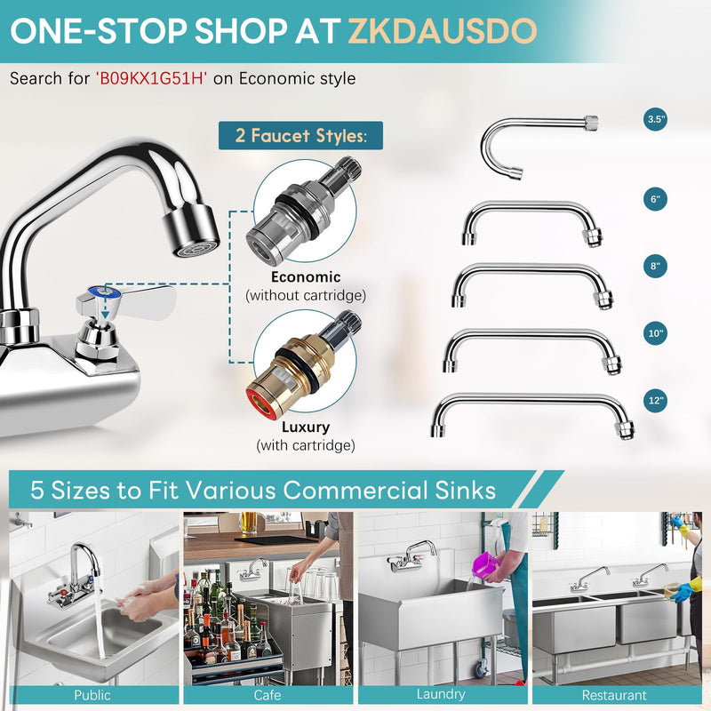 4 Inch Center Commercial Sink Faucet Wall Mount with 12" Spout for Bar 4" center 12" spout