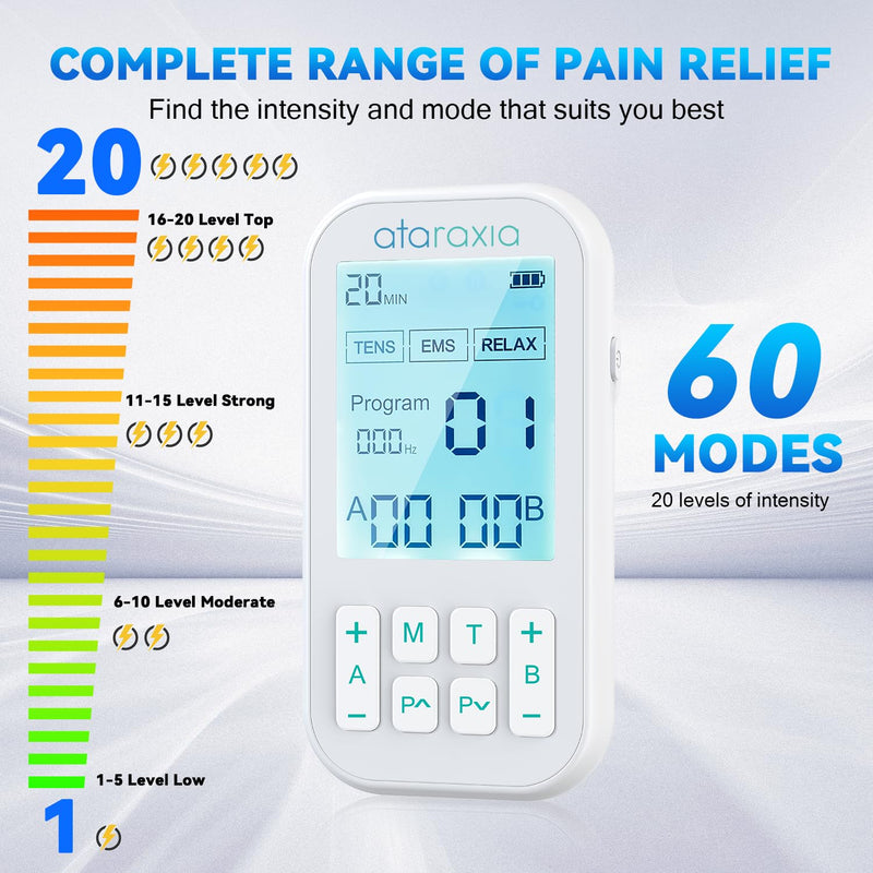 TENS Unit Muscle Stimulator, 3-in-1 EMS Massager Machine, Masajeador Muscular Electrico with 60 Modes, for Gradual Shoulder, Sciatica, Muscle Relaxation,Relieve Back Pain, with 12 TENS Pads