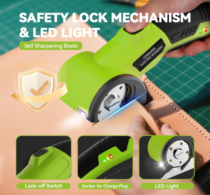 Cordless Electric Scissors,4V Rechargeable Cardboard Cutter Heavy Duty Scissor with Safety Lock & LED Light for Box Carpet Plastic Fabric(Green)