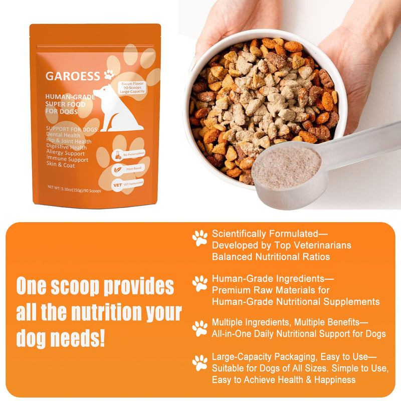 Human Grade Superfood for Dogs, Premium Green Powder, Cranberry,Pumpkin Powder, chlorella for Dental & Teeth, Hip & Joint, Gut Health, Allergies, Immune, Skin, Large Size, 90 Scoops（5.3oz