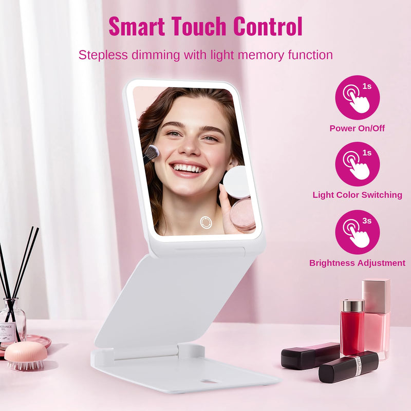 EASEHOLD Lighted Travel Makeup Mirror with 72 Light,1X/3X Magnification,Rechargeable Dimmable Touch Screen,Foldable Adjustable Height & Angle, Compact Magnifying LED Mirror for Women Teens