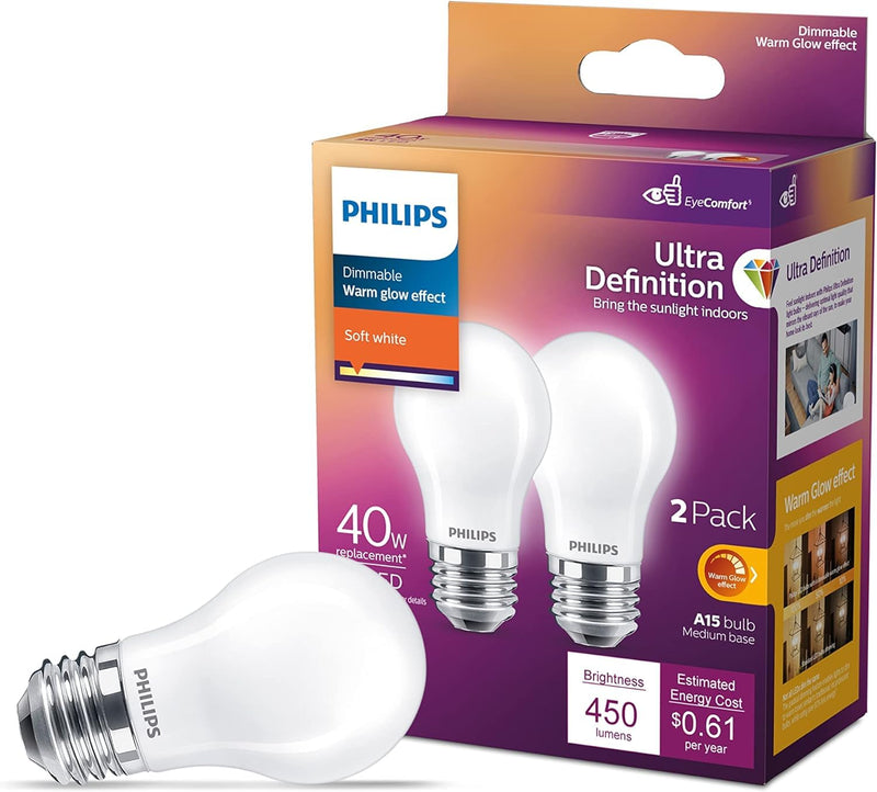 PHILIPS LED 40W A15 8-Pack Ultra Definition Soft White (2700K) 450 Lumen (5W = 40W) Dimmable Frosted Flicker-Free Light Bulbs