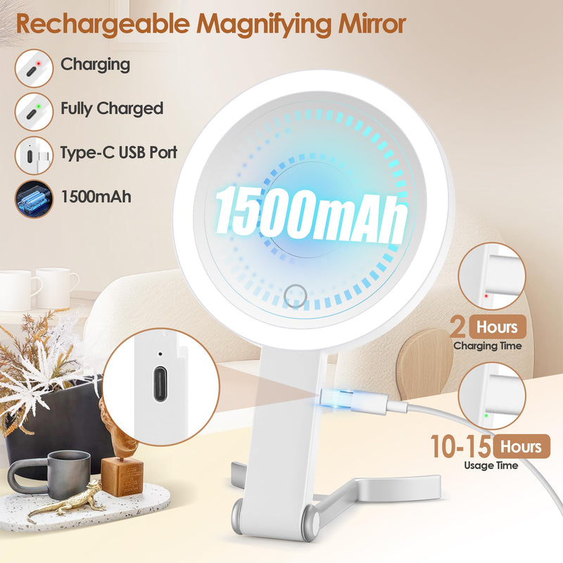 MIYADIVA Magnifying Mirror with Light, Double Sided 30X/1X Lighted Travel Makeup Mirror with Magnification, 3 Color Lighting, Dimmable Touch Screen, Adjustable & Foldable Hand Mirror (White) White