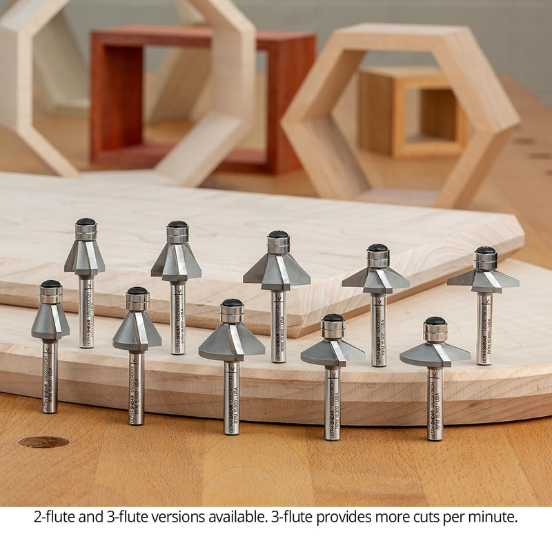 Chamfer Router Bit, 1/4 Shank, 67.5 Degree, 3 Flute, Twin Bearing, Carbide Tipped, USA Made Edge Forming Bevel Bit - US236718CH 67.5 Deg