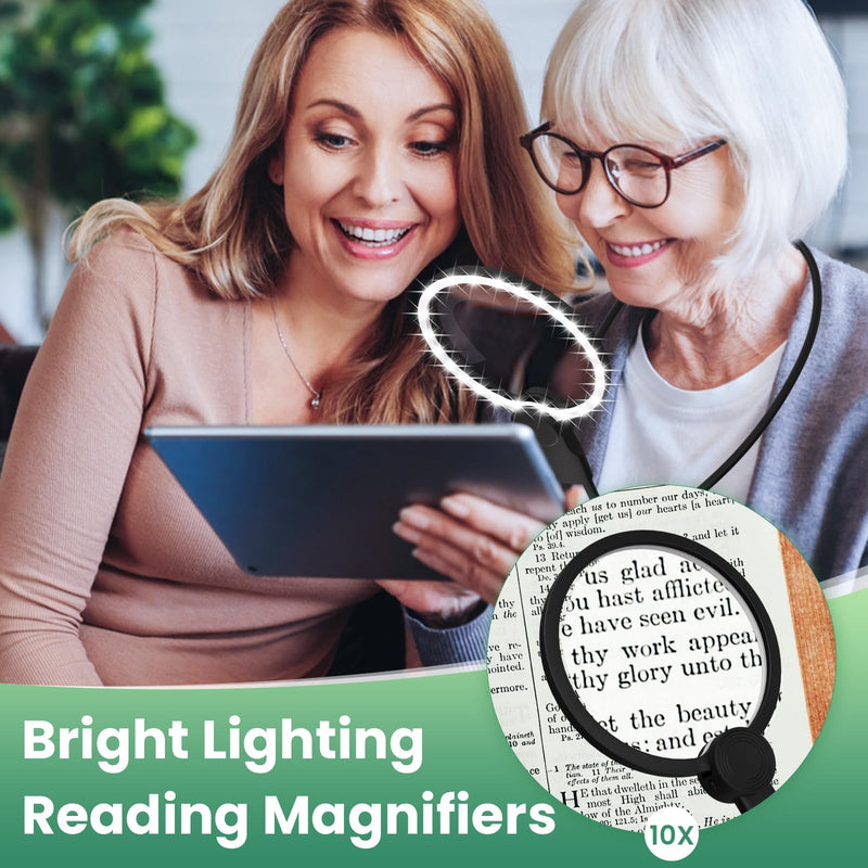 Hands Free Magnifying Glass with Light for Reading, 10X Neck Magnifying Glass with Light for Close Work with Real Glass Lens, Flexible Gooseneck Large Magnifier for Low Vision Elderly and Seniors