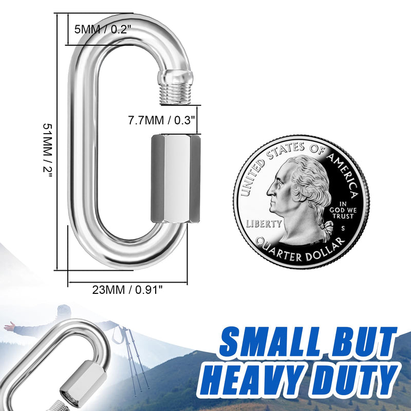 KINLINK 10PCS M5 3/16 Quick Link Chain Connector, 304 Stainless Steel Carabiner, Small Locking Carabiner Clips Heavy Duty Chain Link Connector for Connecting Hammock，Swing, Shade Sail-Capacity 650LB M5-1.97IN Silver-10PC