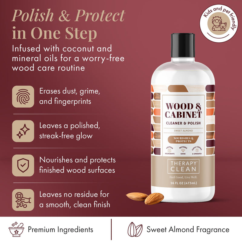 Therapy Wood Cleaner & Polish 16 oz. (2-Pack with Microfiber Cloth) - Wood Cabinet and Table Cleaner - Conditioner - Almond Scent Wood Polish (Pack of 2 with Microfiber)