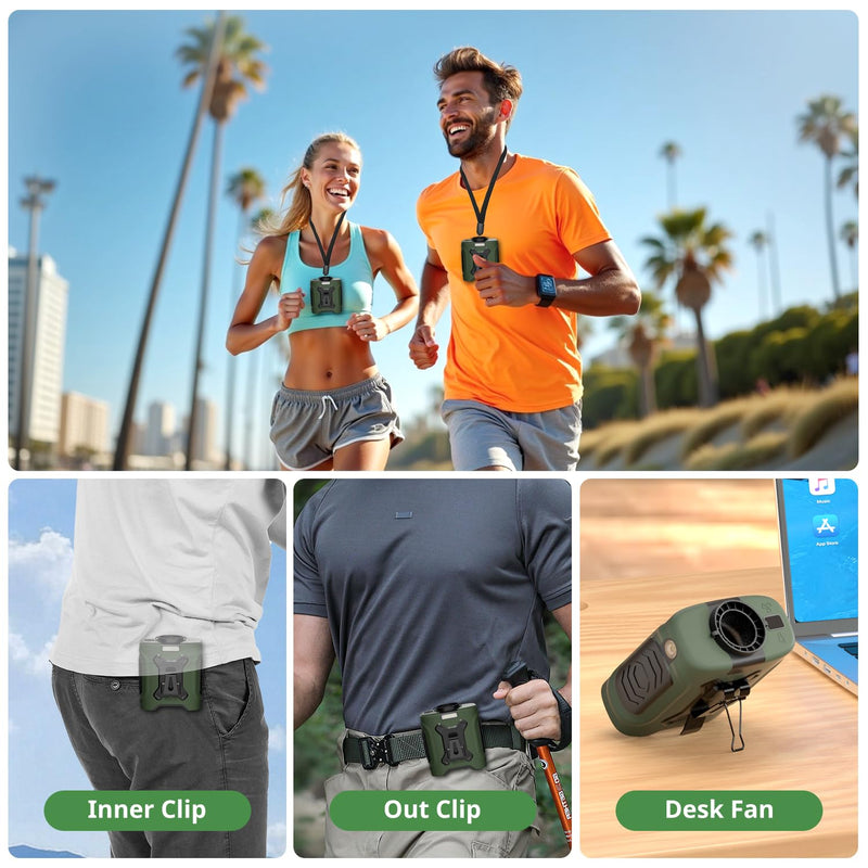 Portable Waist Fan 10000mAh Portable Waist Fan 18000RPM Neck Fan With Max 12H Working Time 5 Speeds adjustment with LED flashlight and Charging display Cooling for Outdoor Jobsite and etc(Green) Green