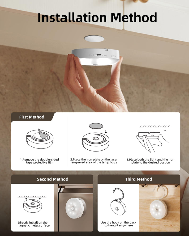 EZVALO Under Cabinet Lighting, Rechargeable Battery Operated Puck Lights with Remote, 3 Color Temps &12 RGB LED Motion Sensor Lights Indoor, Dimmable Magnetic Under Counter Lights for Kitchen (6 Pack) White 6packs