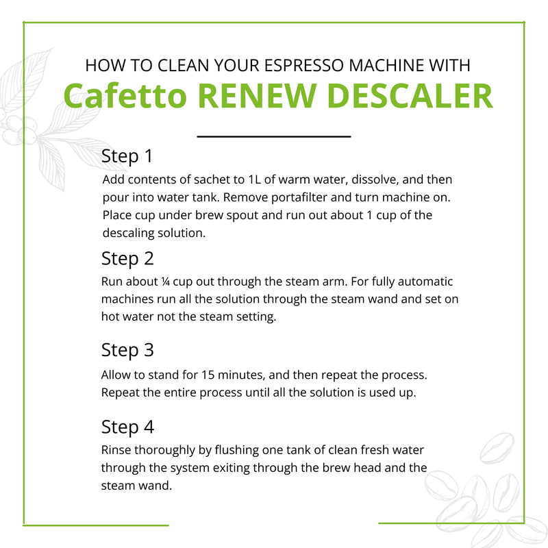 verybarista Renew Descaler (6 x 25g sachets). Designed for espresso machines, boilers and coffee brewers. Safe to use on aluminium, brass and stainless steel
