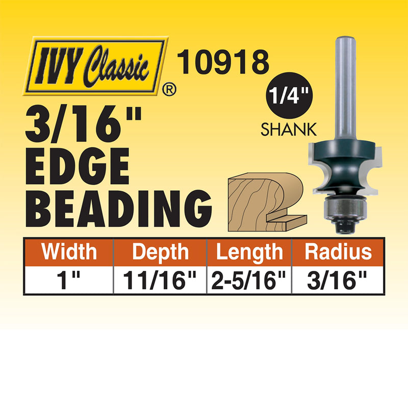 IVY Classic 10918 3/16-Inch Radius Edge Beading Carbide Router Bit with Ball Bearing, 1/4-Inch Shank, 1/Pouch Radius: 3/16", Width: 1"