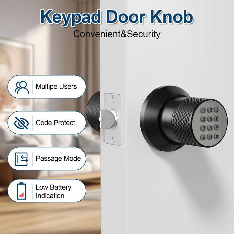 FITNATE Door Knob with Keypad,Digital Door Lock for Keyless Entry,Electronic Door Lock with Spare Keys,Auto Lock, Anti-Slip Handle, Easy to Install for Bedroom,Home and Office Black
