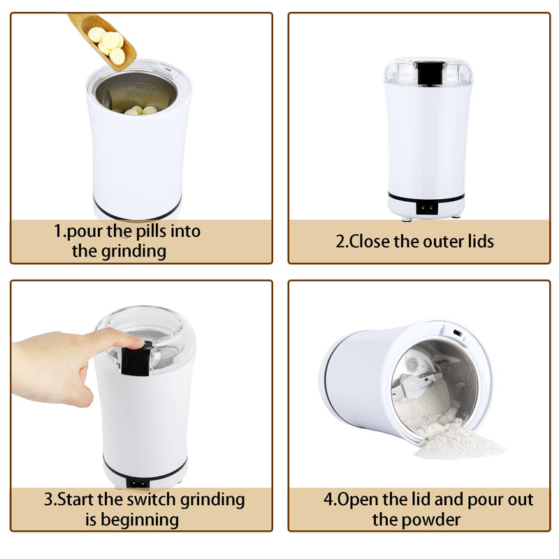 Multifunctional Electric Pill Crusher Grinder-Fine Powder Electronic Pulverizer for Small and Large Medication and Vitamin Tablets-Use for Feeding Tube, Kids,Elderlyor Pets (White 1)