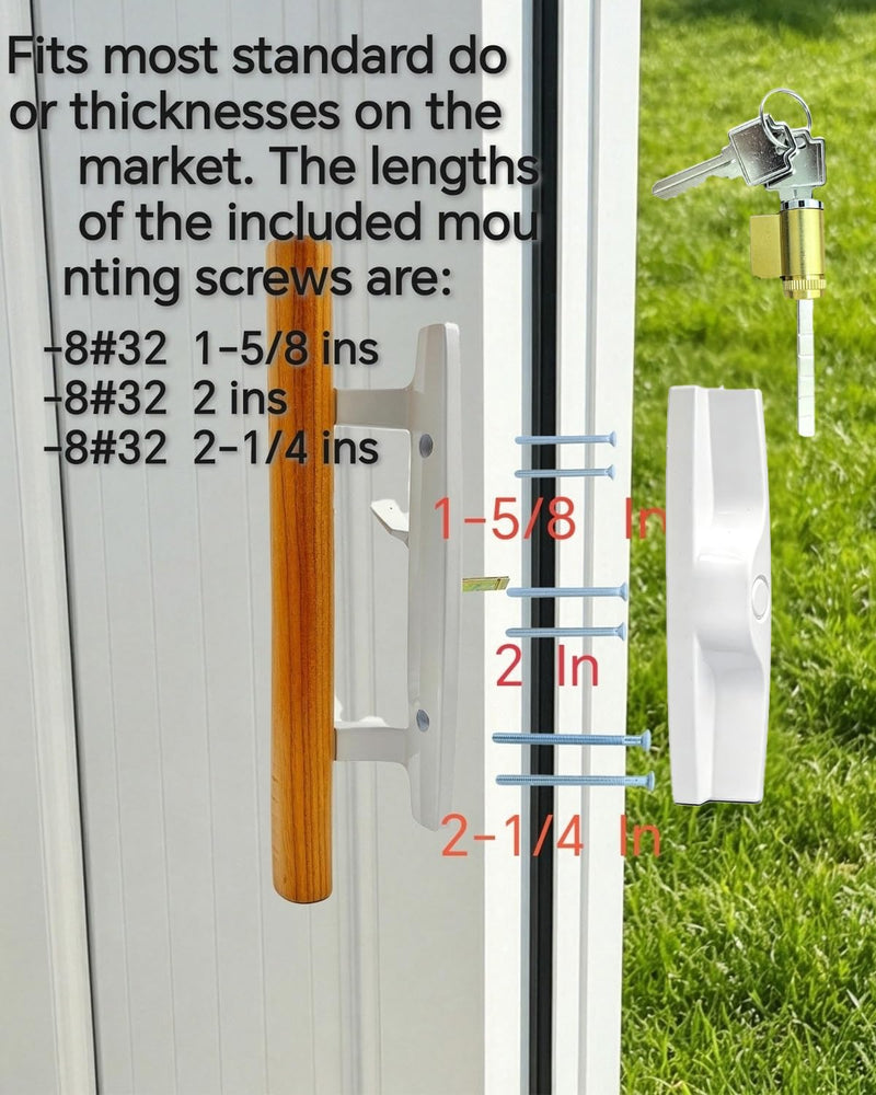 Sliding Patio Door Handle Set, Natural Wood Interior & White Zinc Exterior(White), For Keyed , Fits 3-15/16" Hole Spacing, Universal Easy Install Replacement for Sliding Glass Doors.Pull Handle Set