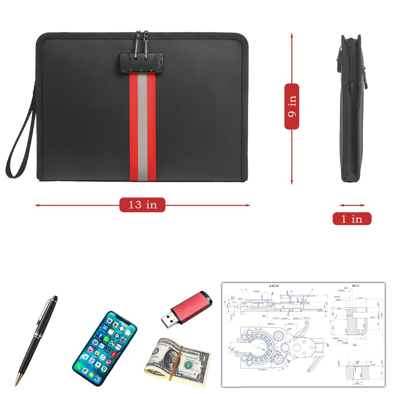 Fireproof Document Bag with Lock,13"×9"×1" Fireproof and Waterproof Cash Bag with Zipper, Premium Fiberglass, Fire Safe Storage for Documents, Passports, Cash, Valuables 13*9*1