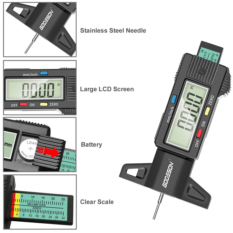 GODESON Tire Tread Depth Gauge,Digital Tire Tread Depth Gauge in 1Inch/25.4mm with Color-Coded Bar, Easy Read Tire Depth Gauge for Cars, Trucks, Motorcycles Digital Tire Tread Depth Gauge