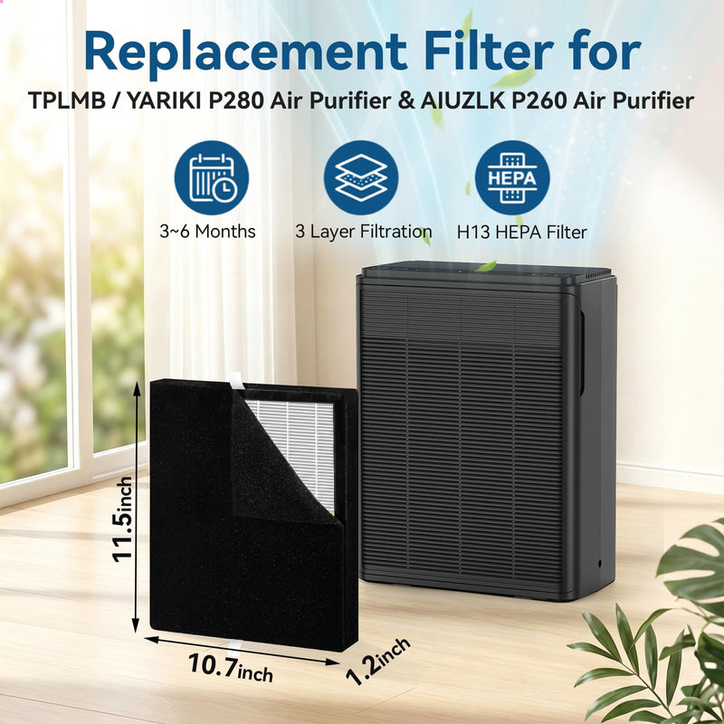 P260 P280 Washable Replacement Filter,Only Compatible with AIUZLK P260 and TPLMB/YARIKI P280 Air Purifier,0.1 Micron H13 HEPA and Activated Carbon Filter. (Washable filter) Washable filter