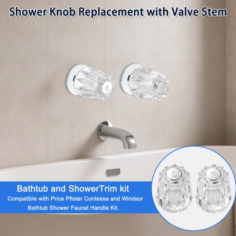 Bathtub Shower Knobs 2 Piece Compatible with Price Pfister Verve Faucets, Rebuild Set with Clear Acrylic Handles, Stems, Seats & Flanges – Hot & Cold Replacement Parts