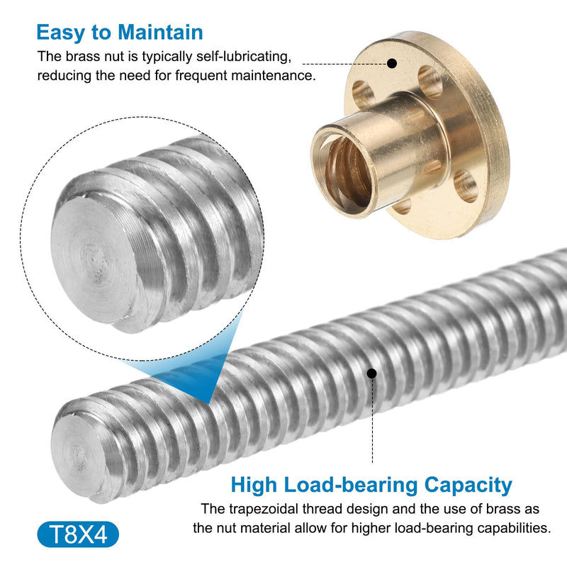 uxcell 2 Pcs 200mm / 8 Inch Tr8x4 Stainless Steel Lead Screw with T8 Brass Nut - [ Acme Thread, 2mm Pitch, 8mm Lead ] for 3D Printer Z Axis, CNC Machine